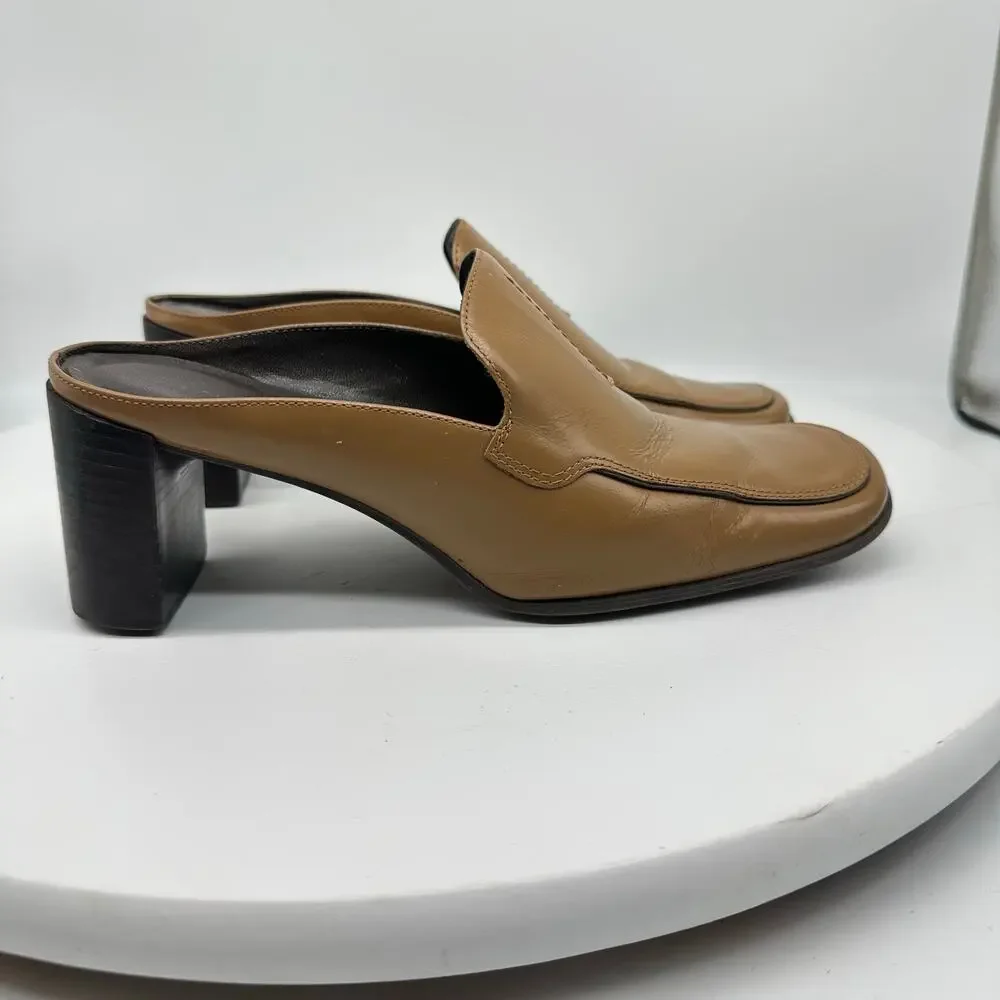 Apostrophe Cognac Block Heel Leather Square Toe Mule Womens Size 7 Y2K Vintage